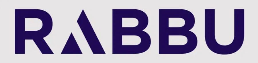 The image displays the word “RABBU” in bold, dark blue capital letters, with the "A" stylized as a triangle. The background is light gray.