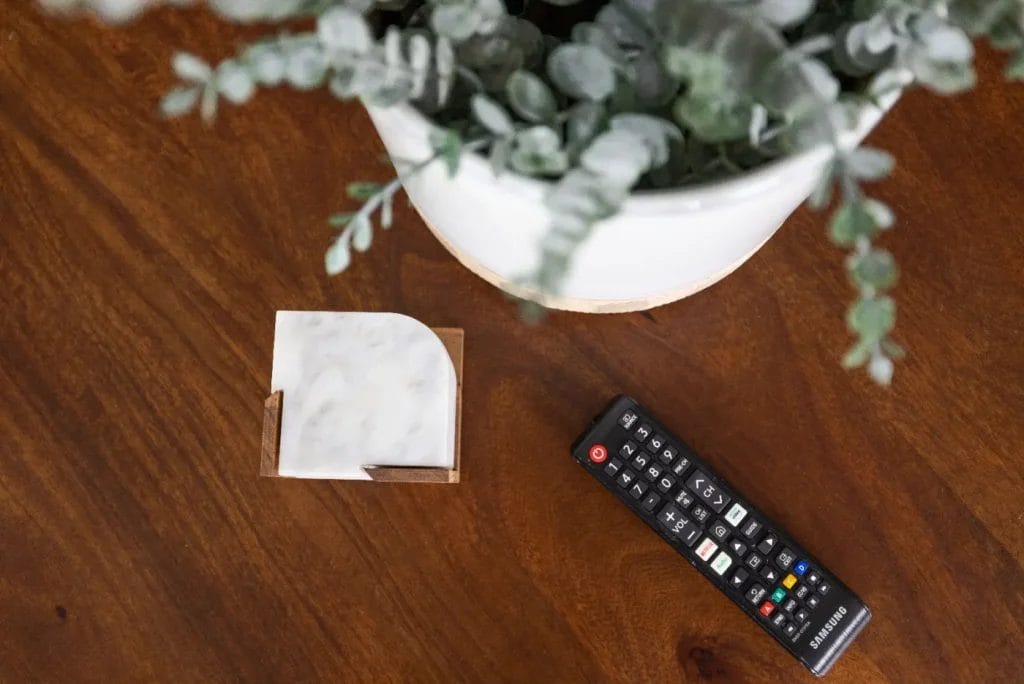 A TV remote, marble coasters in a holder, and a potted plant are arranged on a wooden table.