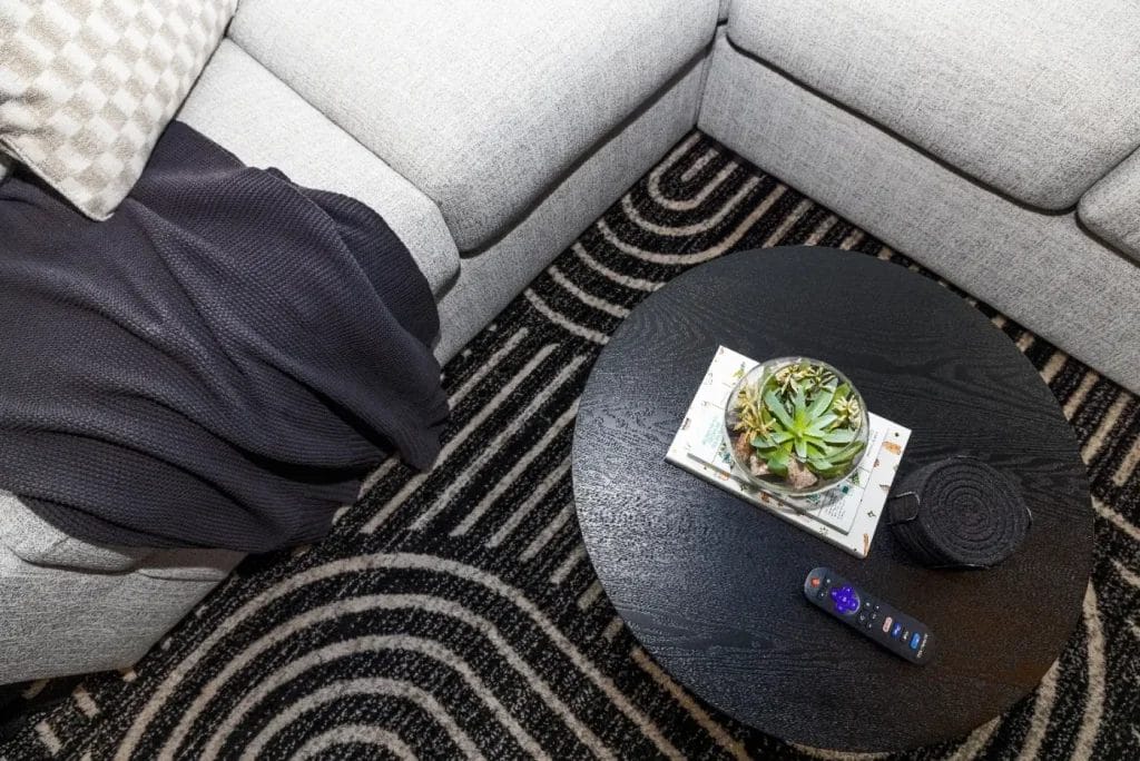 A black round coffee table with a plant, a remote, and a coaster sits on a patterned rug beside a gray sectional sofa with a black throw blanket and a checkered pillow.