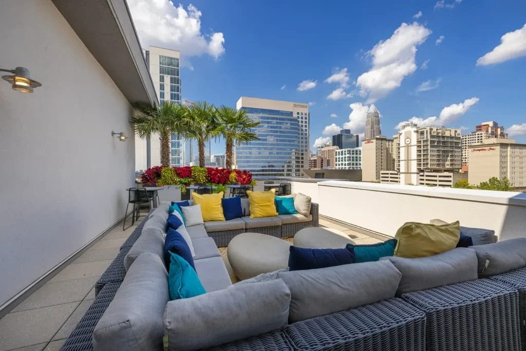 Modern rooftop patio with a large gray sectional sofa, colorful pillows, round tables, potted plants, and city skyline views under a bright blue sky with scattered clouds.