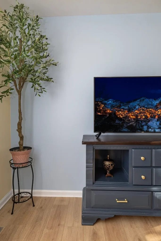 A potted artificial tree stands on a metal plant stand next to a dark wooden TV stand with a flat-screen TV displaying a nighttime mountain town scene, all set against a light blue wall and wood floor.