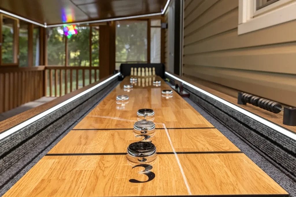 Close-up view of a shuffleboard table with glass pucks on a wooden surface, numbered sections, and pins at the far end, set in a covered porch area with windows and trees visible outside.